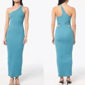 The Line By K Gael Ribbed Fitted Cut Out Fitted Midi Dress XS Aqua Blue